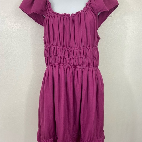 Anthropologie Smocked-Waist Linen Mini Dress XL Milkmaid Boho Ruffle Feminine - Picture 2 of 11